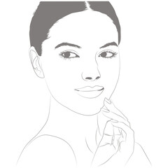 A black and white line drawing of a woman's face, her head tilted slightly. She's looking to the side with a gentle smile, one hand resting on her chin.