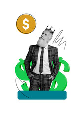 Composite trend artwork sketch image photo collage of monochrome aged man beard businessman vip crown rich success money dollar bitcoin