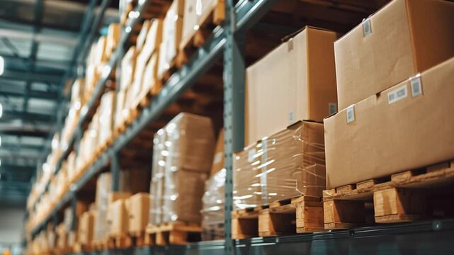 A spacious warehouse filled with neatly stacked boxes on wooden pallets. Organized shelves stretch high, showcasing a busy logistics operation during daytime hours.