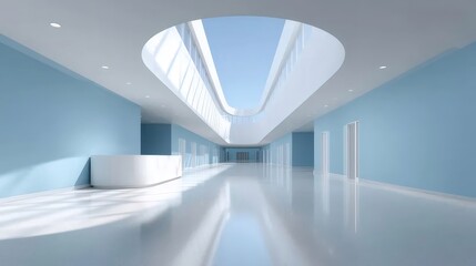 青い壁のモダンな病院の廊下と吹き抜け