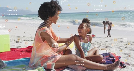 Woman retrieving sunscreen from cooler and applying to child shoulders for skin health at shore - Powered by Adobe