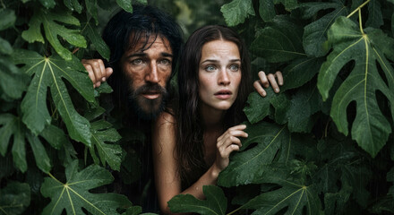 Adam and Eve hide in shame and fear. A powerful biblical scene of the fall of man, original sin, and lost innocence in the Garden of Eden.