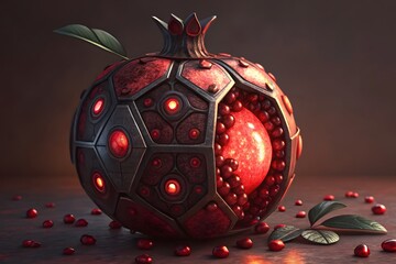 Futuristic mechanical pomegranate with glowing red seeds fruit steampunk