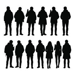 Collection of diverse people silhouettes in winter coats standing posed for graphic design projects silhouette