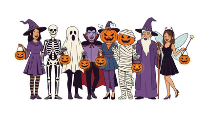 Halloween Costume Ensemble: A colorful and fun illustration featuring a diverse group of individuals dressed in various Halloween costumes, each holding a Jack O'Lantern. 