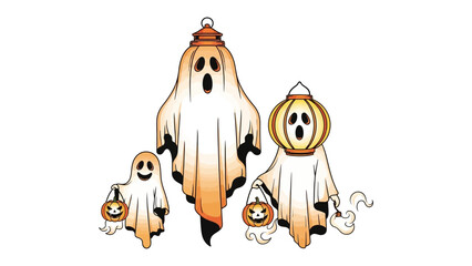 Halloween Ghostly Gathering: An illustration shows charming Halloween ghosts. with smiling and holding a pumpkin carrying a lantern in a festive illustration.