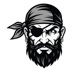 Fierce pirate head emblem with bandana eye patch and beard for nautical adventure silhouette