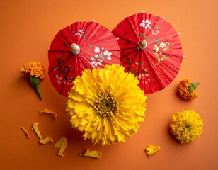 Decorative floral arrangement with red umbrellas