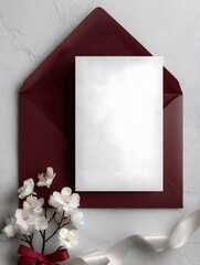 Crimson Letter and Floral Arrangement: An elegant composition featuring a deep crimson envelope cradling a blank card, adorned with delicate white blossoms and a matching ribbon.