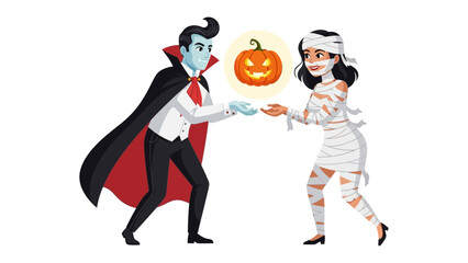 Halloween Gift: A vampire offers a glowing pumpkin to a mummy, symbolizing the spirit of Halloween and the joy of gift-giving during this festive season.