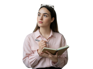 Young woman holding a notebook and pen thinking isolated on transparent background