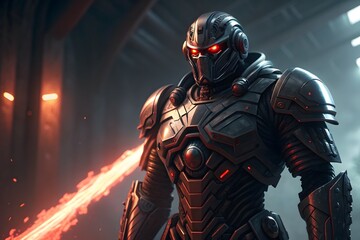 Futuristic soldier in dark armor firing energy weapon warrior sci-fi