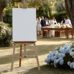 Canvas Invitation: A blank canvas on an easel stands ready to welcome guests, with a subtle outdoor gathering in the soft sunlight. Capturing the anticipation and invitation.