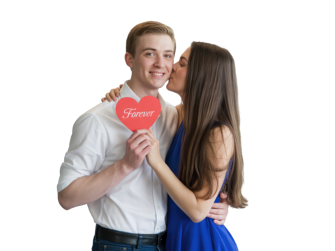 Young couple holding a red heart shape isolated on transparent background