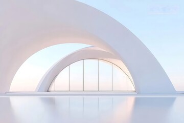 白い湾曲した構造物とガラス壁のあるミニマルな建築