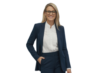 Smiling businesswoman wearing a suit and glasses isolated on transparent background