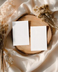 Mockup on Wood Slice:  Two blank cards rest on a wood slice amidst a beautiful array of delicate dried flowers on silky, natural, cream fabric, creating a sense of minimalist elegance and calm.