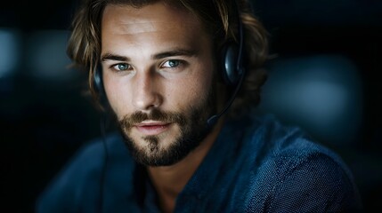 Fototapeta premium Professional man wearing headset for customer support call