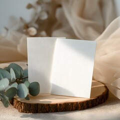 Blank Cards on Wooden Board: Two blank cards on a rustic wooden board, accompanied by delicate greenery and fabric, bathed in soft, natural light, offering a sense of calm and creative possibility.