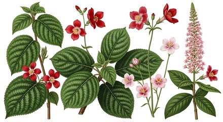 Collection of botanical illustrations of flowers and leaves