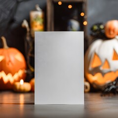 Spooky Halloween Card in Center Stage: A blank Halloween-themed greeting card takes center stage amidst a vibrant assortment of festive decorations.