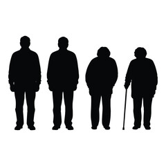 Diverse human silhouettes showing age progression individuals standing together side by side isolated silhouette