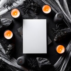 Spooky Halloween Setup: An eerie, high-angle shot reveals a Halloween-themed scene with flickering candles, menacing spiders, and a blank poster for your message, perfect for event promotion. 