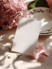 Soft Hydrangeas & Blank Canvas: A delicate composition featuring pastel pink hydrangeas, scattered petals, and an empty card, creating a scene of gentle beauty and versatile invitation.
