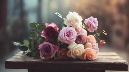 木製テーブル上のバラの美しい花束の配置