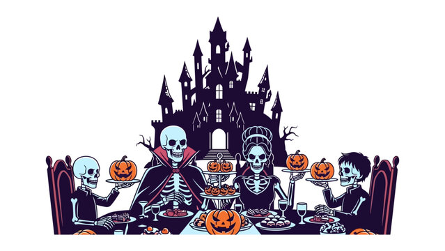 Spooky Halloween Feast: A chilling Halloween scene unfolds as skeletons gather around a festive table, featuring eerie pumpkins, a gothic castle backdrop.