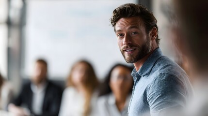 A confident smiling businessman engaging with his audience during a presentation in a bright modern office with a blurred background