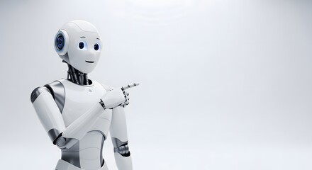 Fototapeta premium Future is here. A smiling, friendly robot points towards the bright, promising horizon of tomorrow.