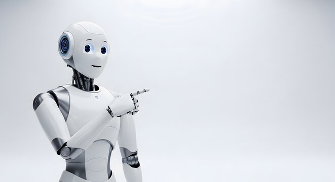 Future is here. A smiling, friendly robot points towards the bright, promising horizon of tomorrow.