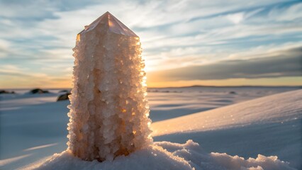 Large crystal formation in a snowy landscape at sunset geode mineral