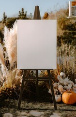 Blank Canvas on Easel: An empty canvas on a wooden easel stands ready for a creative venture. Surrounded by muted tones and autumn-themed decor, it sets the stage for the viewer's imagination. 