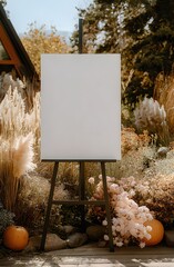 Blank Canvas: A blank canvas stands on an easel amid an outdoor garden, inviting creative expression and new beginnings, promising a world of opportunity and boundless possibilities.