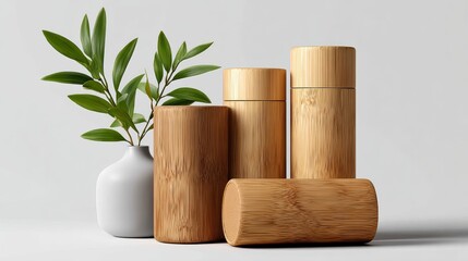 White vase sits next to a row of wooden containers. The vase is filled with a green leaf, adding a touch of nature to the scene. The wooden containers vary in size and shape, creating an interesting