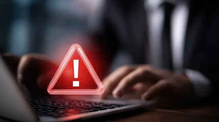 Red warning symbol on laptop digital screen. Urgent spam, virus or phishing alert notification icon. Businessman at work. Data protection concept
