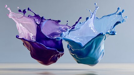 Two colorful blobs of paint are floating in the air, creating a splash of color. Concept of movement and energy, as if the paint is in motion. The vibrant colors of the blobs suggest a playful