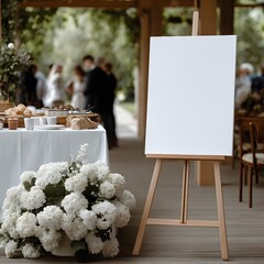 Event Announcement with Flowers: An elegant wooden easel stands ready, framed by a cluster of pristine white flowers, with a blurred backdrop of a sophisticated event.