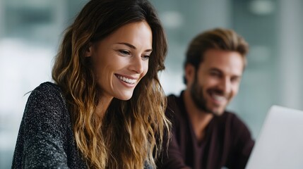 A smiling woman and man collaborate on a laptop in a bright modern office setting conveying teamwork and positive engagement