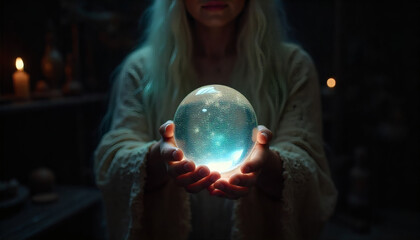 Naklejka premium Witch Sorceress Holding A Glowing Crystal Ball In A Dark Setting