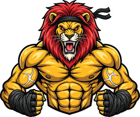 Fierce muscular lion warrior with red mane and boxing wraps