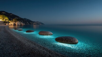 Lit stones beach pathway night