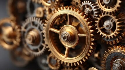 金色歯車メカニズム詳細クローズアップ グレートーン背景