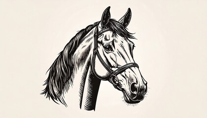 A detailed ink sketch portrait of a horse's head. It is facing to the side. Features detailed shading to create depth