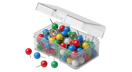 Box of assorted color map tacks isolated PNG with Transparent Background
