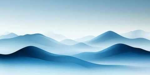 青色の山々が霧に包まれた水彩画風の風景