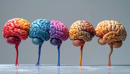 Colorful anatomical brain models in a row