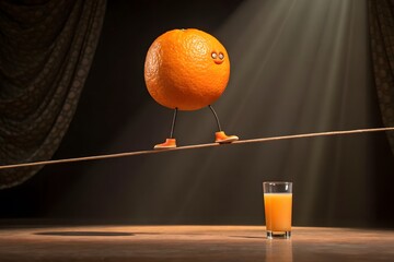 Orange Character Walking Tightrope Over Juice balancing